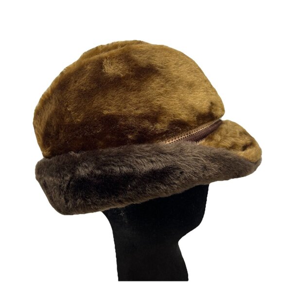 Faux Fur Vintage Fedora Alpine Hat Cap Ear Flaps Feather Brown Retro Made in USA - Picture 2 of 10